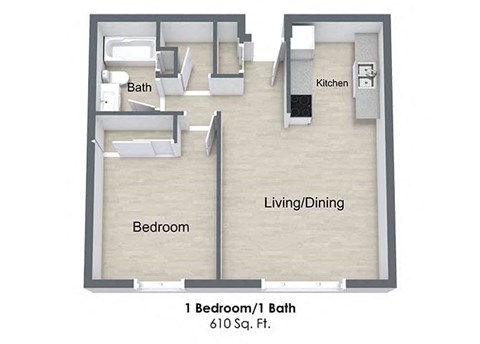 Floor plan for 1 bed, 1 bath, 546 sqft